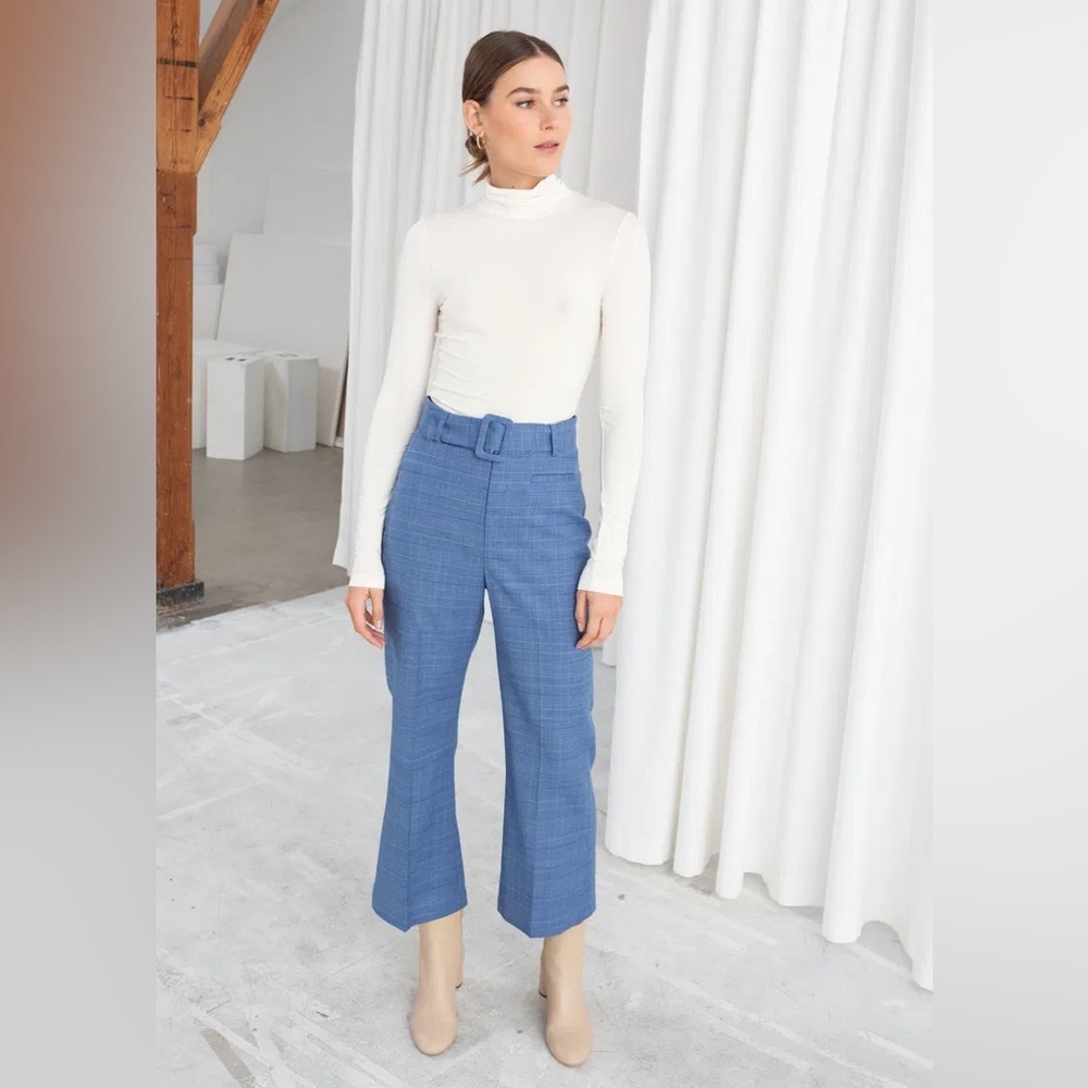 & Other Stories Belted Plaid Blue Wool-Blend Pants Size US 4